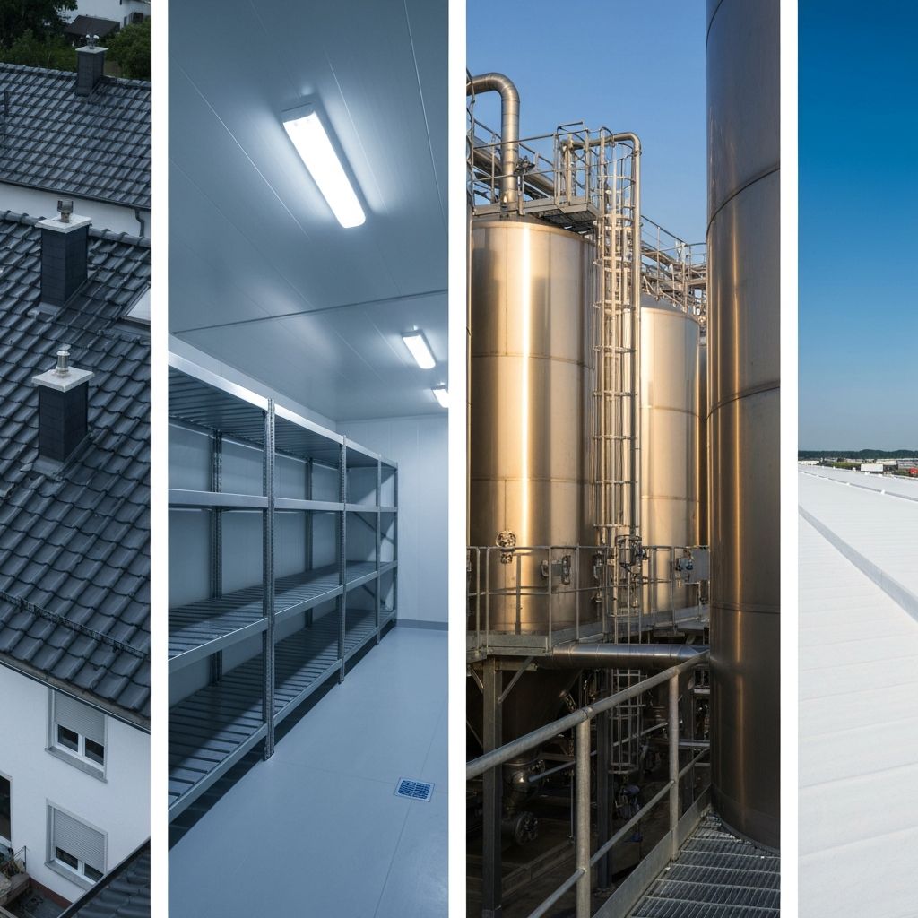 Beschichtungsanwendungen im Überblick: Wohnhausdach, Kühlraum, Industrieanlage und Logistikhalle