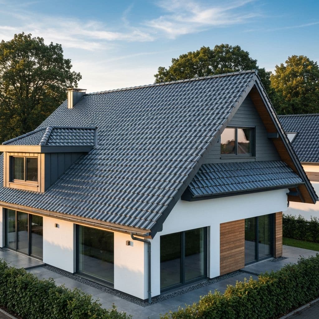 Modernes Haus mit grau lasiertem Ziegeldach