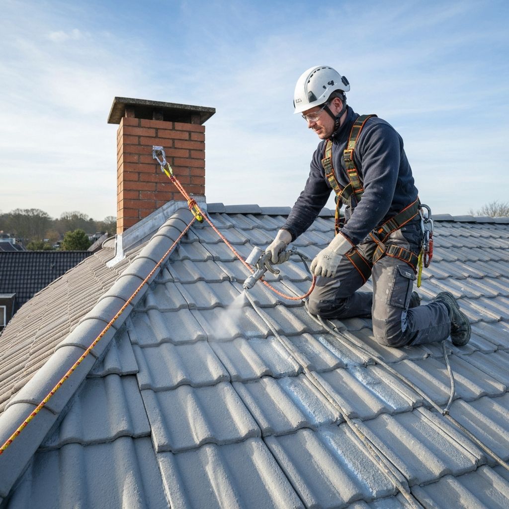 Einzelner Handwerker mit Klettergurt am Kamin gesichert, beschichtet eine große Dachfläche in Grau